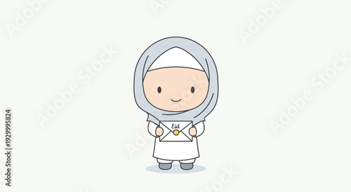 Cute cartoon character wearing a hijab holding a letter with love
