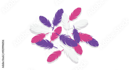 A group of purple pink and white feathers is arranged in a circular cluster with soft shadows on a plain white background.