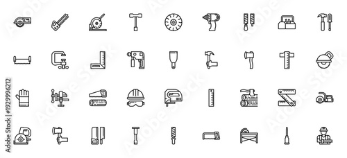 Carpenter tool icon set. Vector illustration of saw, hammer, drill, axe, toolbox, ruler, chisel, clamp, helmet, gloves and more tools. Editable stroke.