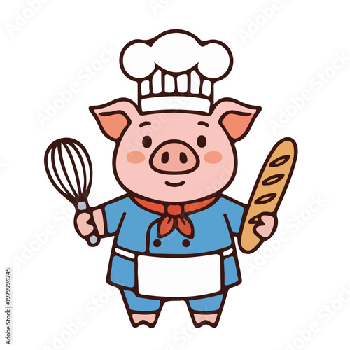 Pig Chef Holding Bread and Whisk