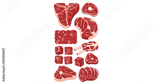 A collection of various raw beef and lamb meat cuts including steaks chops and ground mince displayed on a white background.