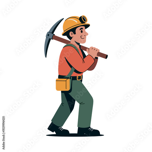 Miner wearing a hard hat carries a sharp pickaxe over his shoulder while walking forward.