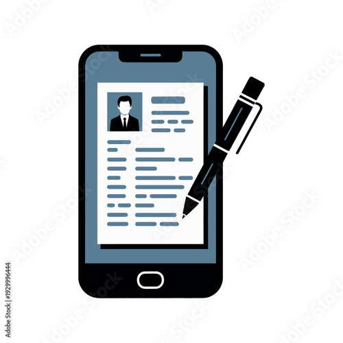 Smartphone displays a digital resume document next to a large pen ready for application edits.