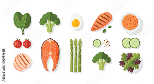 A structured grid layout of various healthy food ingredients including salmon asparagus egg and vegetables arranged on a clean white background.