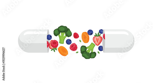 A large white medicine capsule split in half with various fresh fruits and vegetables spilling out from the center on a white background.