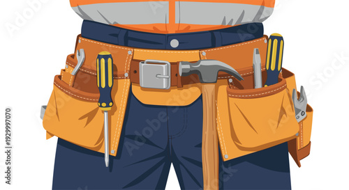 A person wearing blue work pants and an orange safety vest has a leather tool belt strapped around their waist with various tools.
