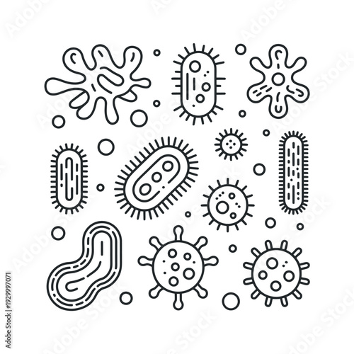 Various stylized microorganisms and germ shapes are depicted in a black and white microbe collection.