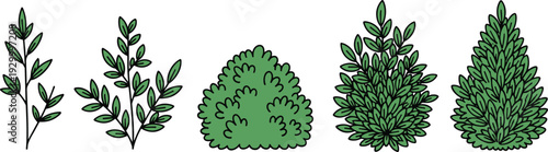 Collection of various green plants and trees illustrated in a line from different viewpoints