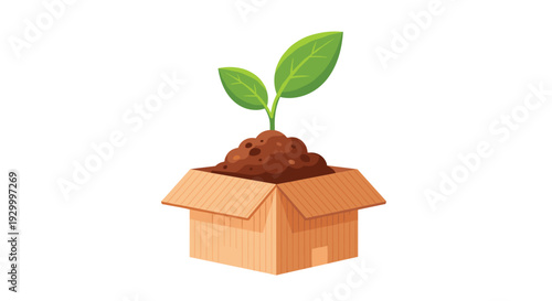 A green sprout with two large leaves grows out of a pile of dark soil inside an open corrugated cardboard box on white.