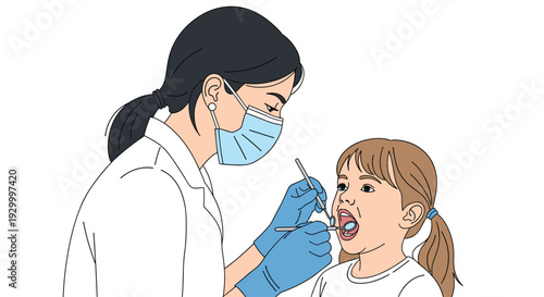 A female dentist wearing a white coat and blue face mask examines a young girl's teeth with dental tools on a white background.