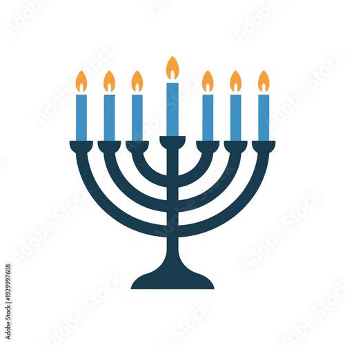 Menorah candelabrum displays seven lit blue candles symbolizing the ancient celebration of Hanukkah.