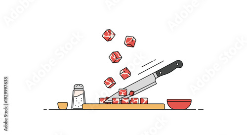 A silver kitchen knife slices through red meat cubes on a wooden board surrounded by a salt shaker and small bowls.