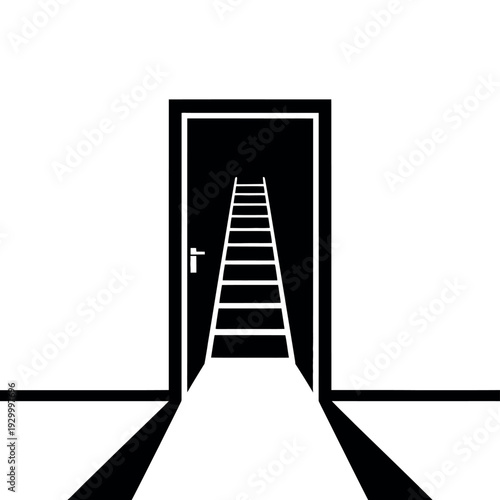 Doorway illustration shows a long ascending ladder leading through an opening into the unknown.