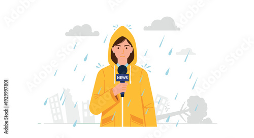 A female reporter in a yellow raincoat holds a microphone during a heavy rainstorm with destroyed buildings in the grey background.