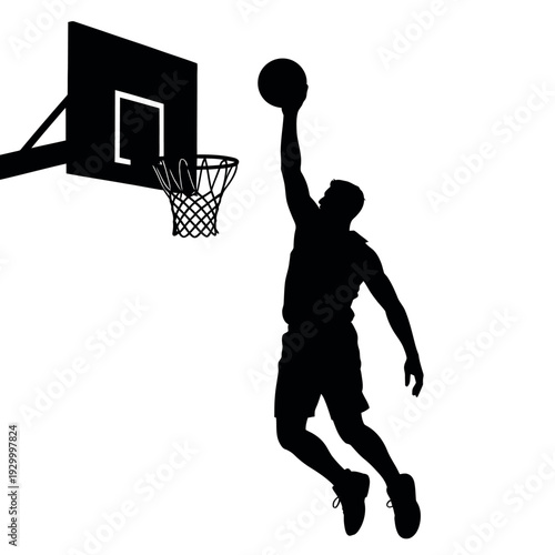 Basketball player silhouette jumps high above the ground to slam dunk the ball through the hoop.