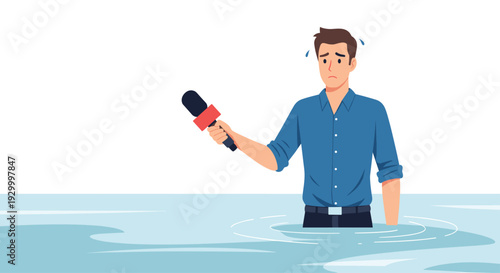 A worried male reporter in a blue shirt stands waist-deep in floodwater while holding a microphone during a broadcast.