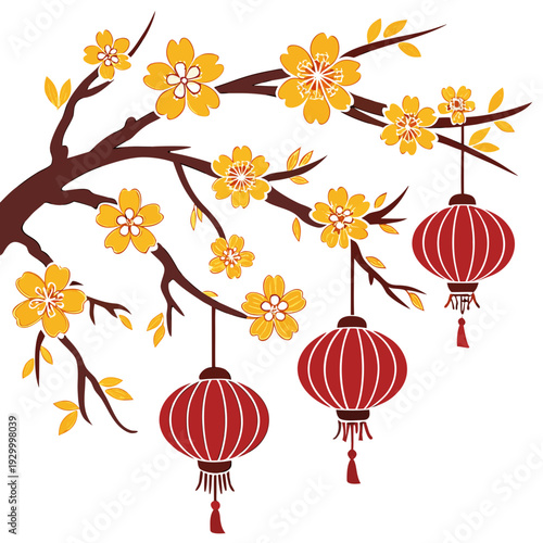 A dark brown tree branch decorated with bright yellow cherry blossoms and three traditional red Chinese lanterns with tassels. The blossoms have fine details and red centers.
