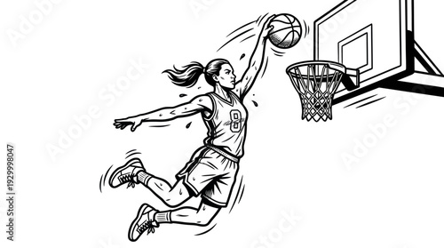 A basketball player in mid air dunking a ball into the hoop with dynamic movement