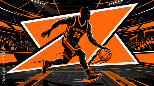 Basketball player in action with orange and black background