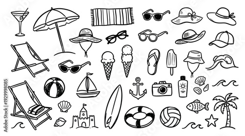Beach vacation icons and summer symbols