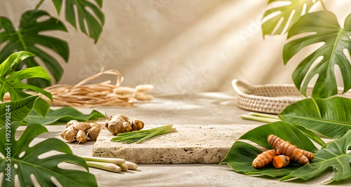 Natural spa product display with stone and greenery aesthetic background