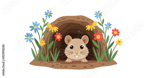 A cute brown gopher peeks out from its underground burrow surrounded by colorful flowers and grass on white.