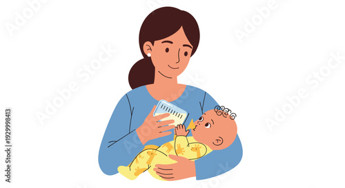 A woman with dark hair in a ponytail wearing a blue shirt feeds a baby dressed in a yellow giraffe print onesie against a white background.
