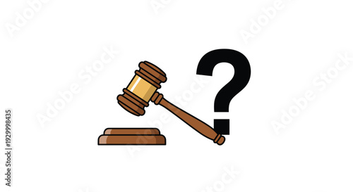 A wooden judge gavel and sound block are positioned next to a large black question mark on a plain white background for legal inquiry.