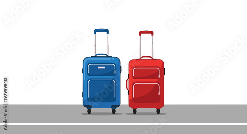 A blue suitcase and a red suitcase with extended handles stand side-by-side on a grey floor against a plain white background for travel.