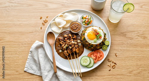 Indonesian satay dish with rice cake and vegetables on plate