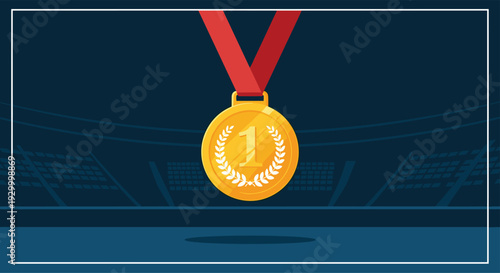 A golden first place medal with a red ribbon hangs in the center of a dark blue athletic stadium arena during a sports event.