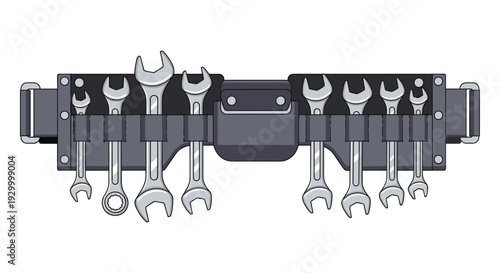A professional grey utility tool belt containing eight silver metal wrenches of different sizes arranged in pockets for manual work.