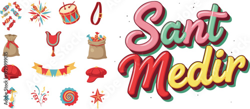 Sant Medir Festival Elements Set with Sweets, Parade Symbols, and Traditional Catalan Decorations for Barcelona Sweetest Party
