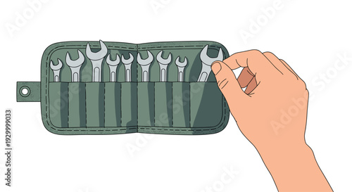 A person reaches for a silver metal wrench from a green canvas tool roll containing a set of nine spanners for mechanical repair work.