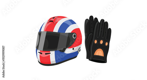 A red white and blue striped racing helmet with a dark visor is placed next to a pair of black leather driving gloves on white background.