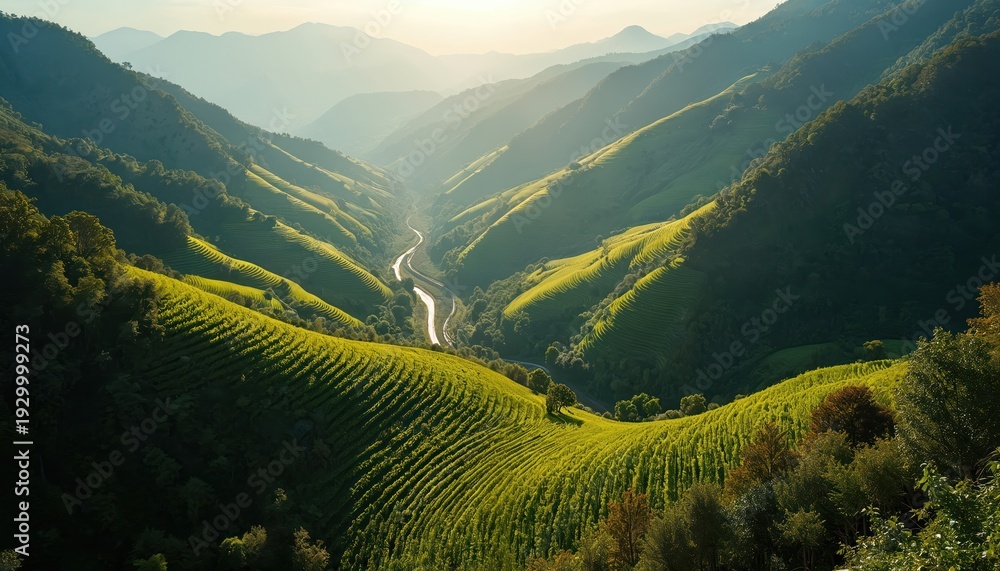 Obraz premium Green terraced vineyards cover mountain slopes with a winding road below. Sunlight illuminates a rich valley and distant hazy peaks. This idyllic rural landscape invites peaceful exploration.