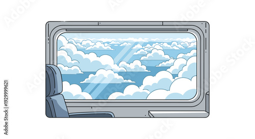 A view of white fluffy clouds and a blue sky through a rectangular window frame of a train or airplane with a seat corner visible.