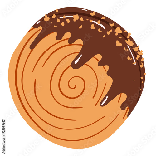 New York roll puff pastry with chocolate glazing and nuts, hand drawn vector illustration, trendy sweet bakery dessert in flat style