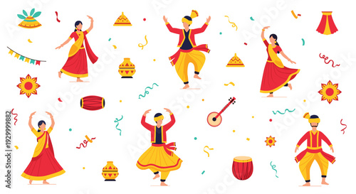 Six dancers in traditional red and yellow attire perform among festive musical instruments and colorful confetti.