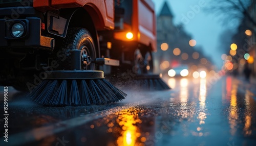 Street sweeper machine cleans wet city road at dusk. Blurred lights create moody urban atmosphere with reflections on wet asphalt. Vehicle works on sanitation duty.