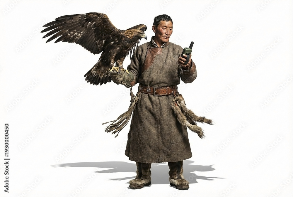 Obraz premium Traditional Mongolian Eagle Hunter Holding a Golden Eagle While Using a Modern Digital Radio Device Representing a Unique Blend of Ancient Culture and Modern Technology