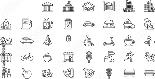 city urban outline icon set buildings transport park street objects cafe entertainment navigation symbols minimal line vector collection design
