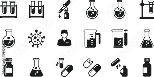 chemistry laboratory icon set, science experiment equipment symbols, medical research flat vector illustration isolated lab tools silhouette collection design