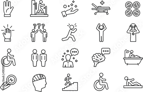 mental health rehabilitation physiotherapy medical line icons set therapy support wellness recovery healthcare symbols vector illustration collection design