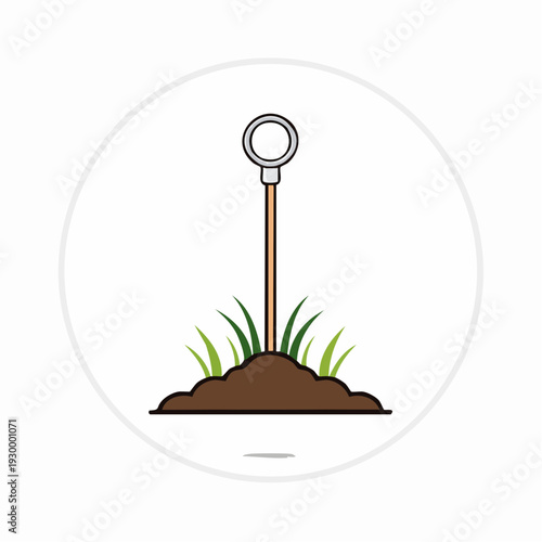 Iconic illustration of a shovel digging into fertile soil with vibrant green grass emerging, symbolizing gardening and cultivation