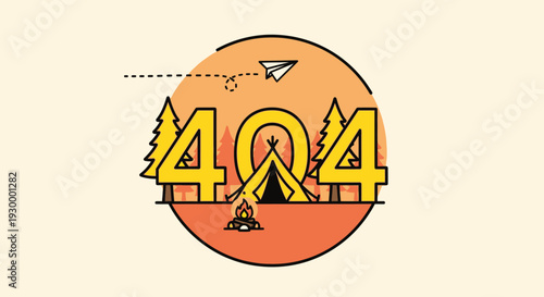 Camping illustration with 404 error message in a circular frame, featuring tents and trees at dusk