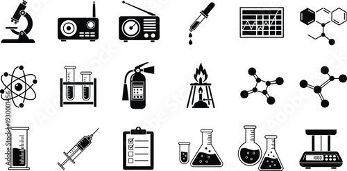 science laboratory icon set, chemistry equipment microscope syringe molecule symbols, flat vector illustration isolated research technology silhouette collection design elements