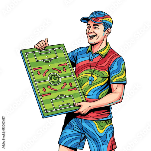 Soccer coach presenting tactical strategy on green field board