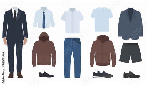 Men clothing set casual and formal wear flat vector collection