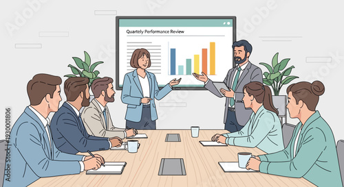 Professional office meeting vector illustration depicting corporate teamwork concept and business strategy discussion in a modern conference room setting